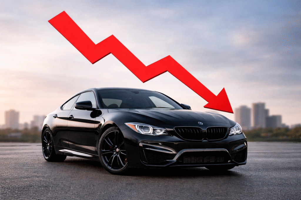 luxury car with financial downturn symbol